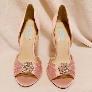 Betsey Johnson Pink Satin Heels with Rhinestone Detail